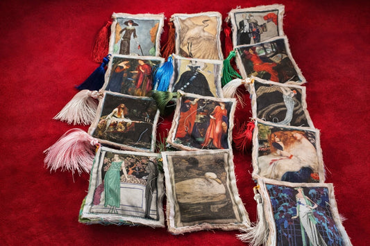 Whispered Canvas Scented Sachets with Tassels – Vintage Art-Inspired Fabric Pouches