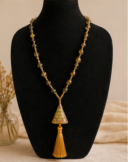 Sunlit Relic Tassel Necklace – Hand-Blown Glass & Swarovski Crystal (24”)