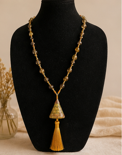 Sunlit Relic Tassel Necklace – Hand-Blown Glass & Swarovski Crystal (24”)