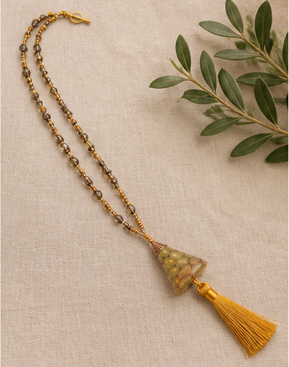 Sunlit Relic Tassel Necklace – Hand-Blown Glass & Swarovski Crystal (24”)