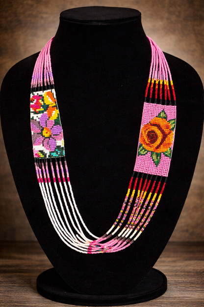 Hand-Beaded Statement Necklace – Adjustable 20” | Multi-Strand Boho Tribal Floral Design | Artisan Beadwork