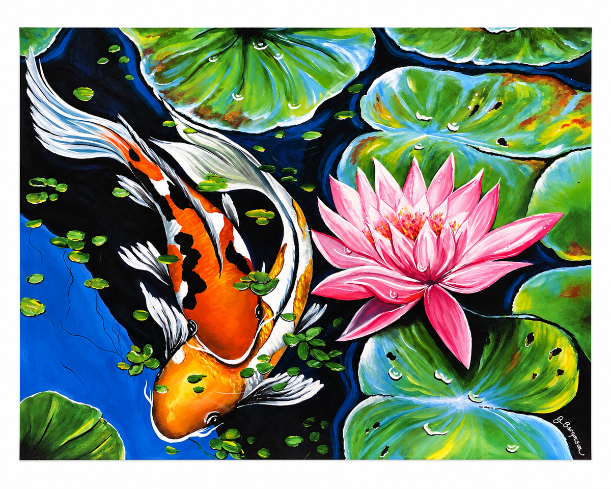 My Koi Fish & Pink Water Lily Art Print 16x20 | Fabulous Firefly