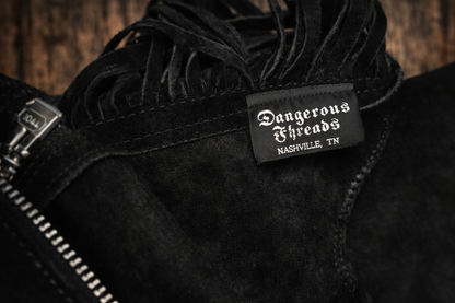 Black Suede Fringe Leather Chaps – 31” Length | Adjustable L/XL | Western Biker Statement