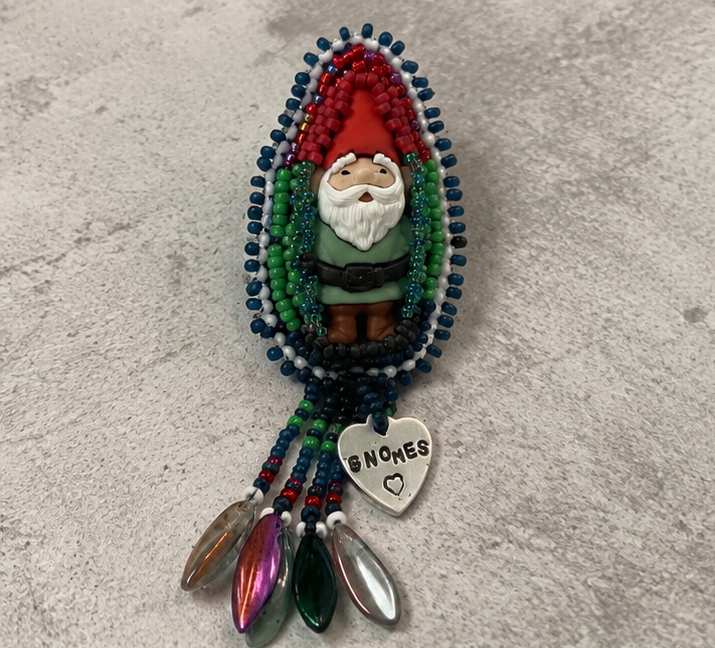 Hand Bead Embroidered Gnome Pin with Dagger Bead Fringe & Hand-Stamped Heart Charm