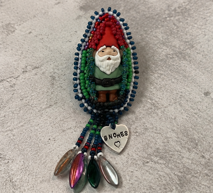 Hand Bead Embroidered Gnome Pin with Dagger Bead Fringe & Hand-Stamped Heart Charm