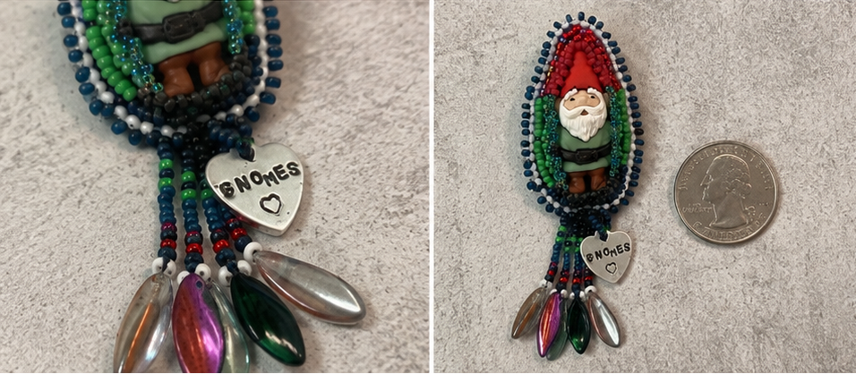 Hand Bead Embroidered Gnome Pin with Dagger Bead Fringe & Hand-Stamped Heart Charm