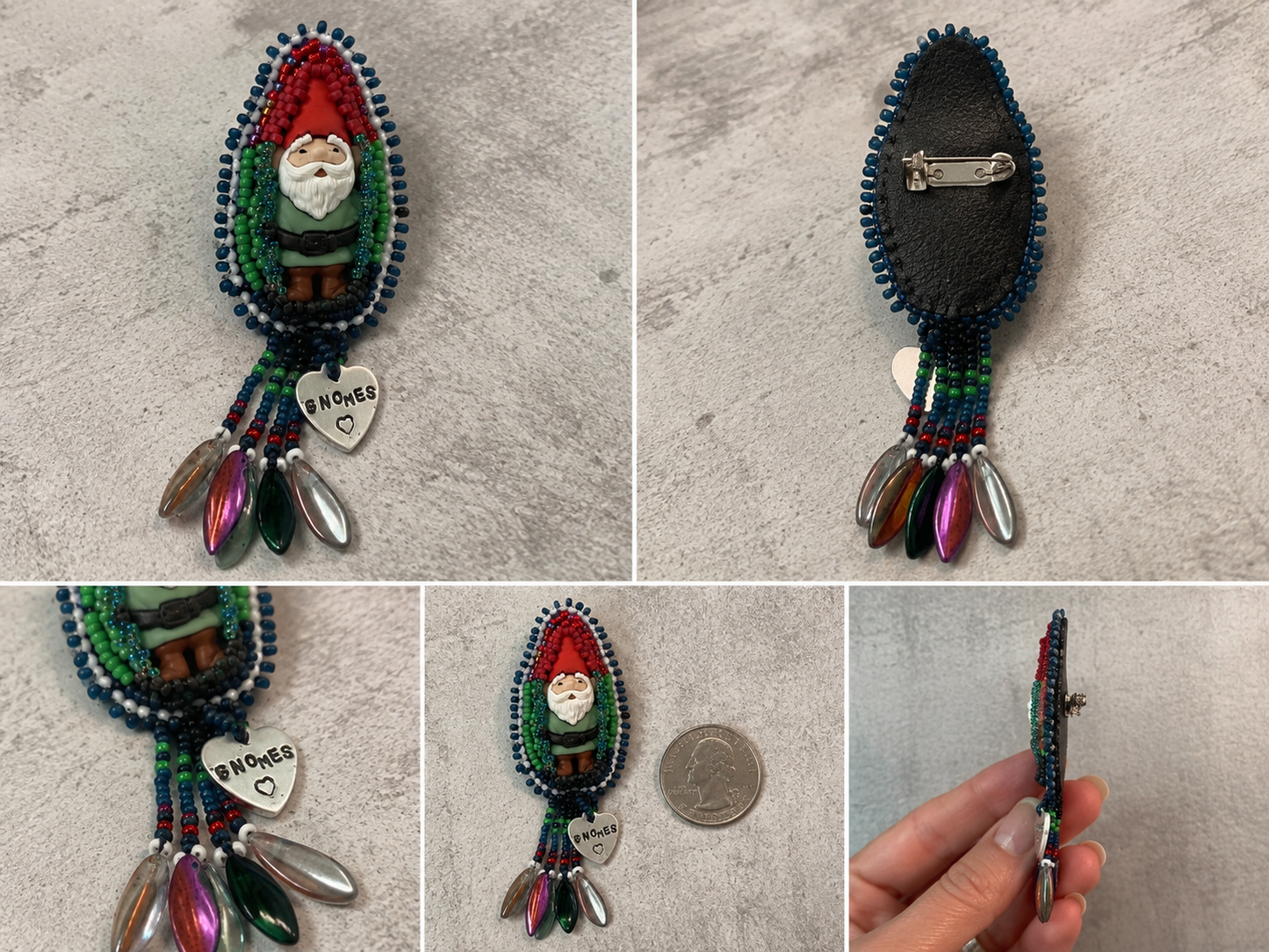 Hand Bead Embroidered Gnome Pin with Dagger Bead Fringe & Hand-Stamped Heart Charm