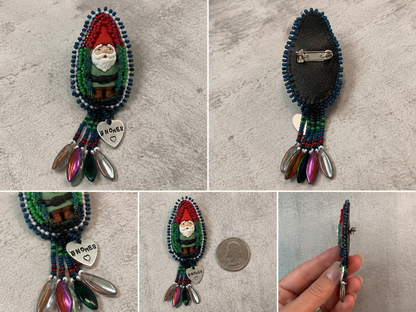 Hand Bead Embroidered Gnome Pin with Dagger Bead Fringe & Hand-Stamped Heart Charm