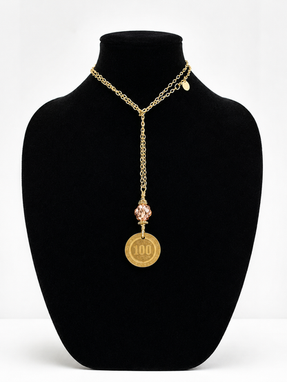 Vintage Waseca Centennial Souvenir Coin Necklace | Gold Tone Lariat Necklace with Crystal Accent