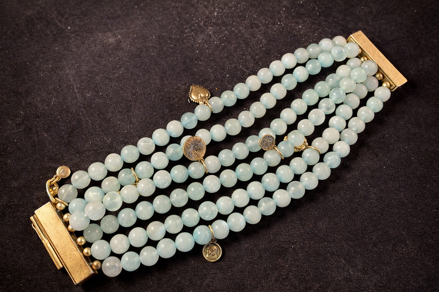 Vintage Six Strand Aqua Bead Charm Bracelet – Sliding Lock Clasp Statement Bracelet