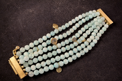 Vintage Six Strand Aqua Bead Charm Bracelet – Sliding Lock Clasp Statement Bracelet