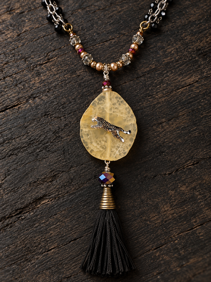 Golden Stone Leopard Pendant Necklace with Swarovski Pearls & Black Tassel