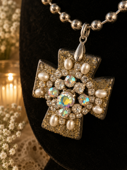 Black Stone Cross Pendant Necklace | Rhinestone Pearl Cross | 17” Silver Ball Chain | Statement Christian Jewelry