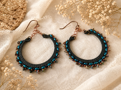 Handmade Peacock Blue Beaded Hoop Earrings | Copper & Matte Black Statement Earrings