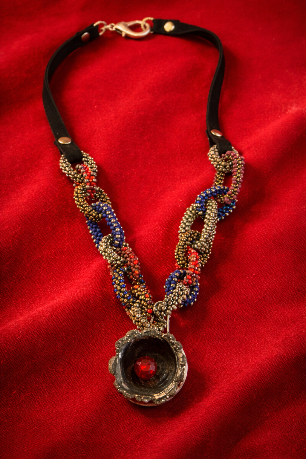 Raku Flame Statement Necklace – Hand Beaded Chain with Austrian Premium Crystal & Suede Straps