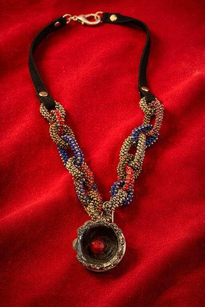 Raku Flame Statement Necklace – Hand Beaded Chain with Austrian Premium Crystal & Suede Straps