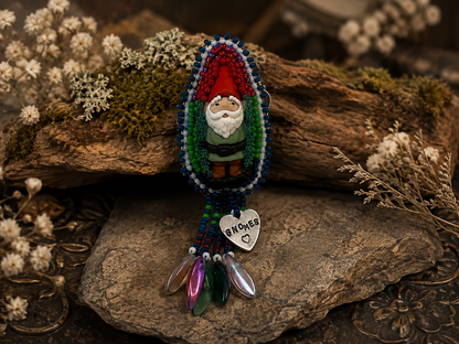 Hand Bead Embroidered Gnome Pin with Dagger Bead Fringe & Hand-Stamped Heart Charm