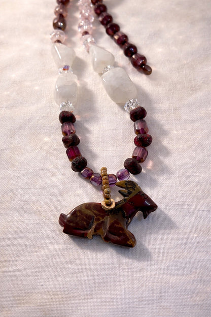Carved Goat Spirit Necklace with Quartz & Moonstone