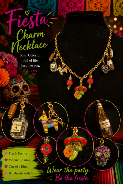 Handmade 17-Inch Fiesta Charm Necklace with Czech Glass Flowers & Vintage Crystals