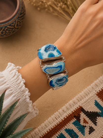 Sterling Silver Blue Druzy Agate Bracelet – 925 Adjustable Toggle Bracelet with Five Natural Stone Slices