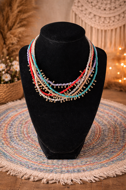 Layered Boho Beaded Necklace Set – 5 Strand Convertible Statement Necklace