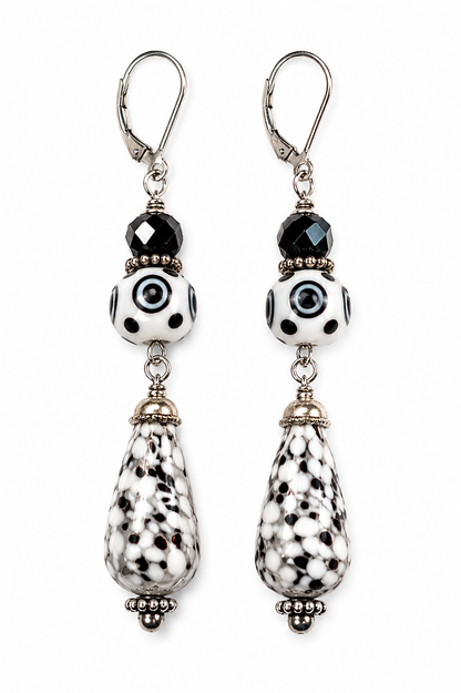 Handblown Glass Drop Earrings with Swarovski Black Crystals & Silver Accents