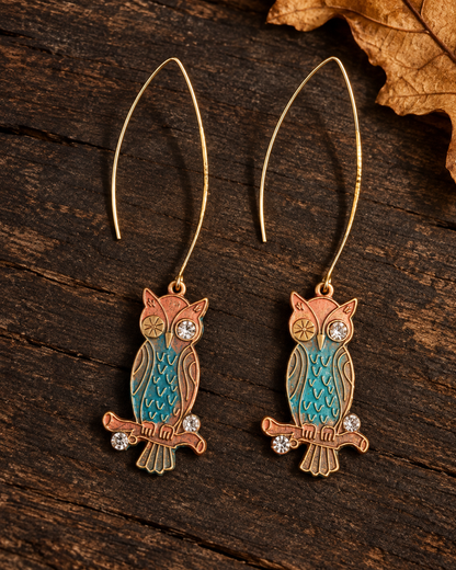 Hand-Painted Owl Earrings with Rhinestones