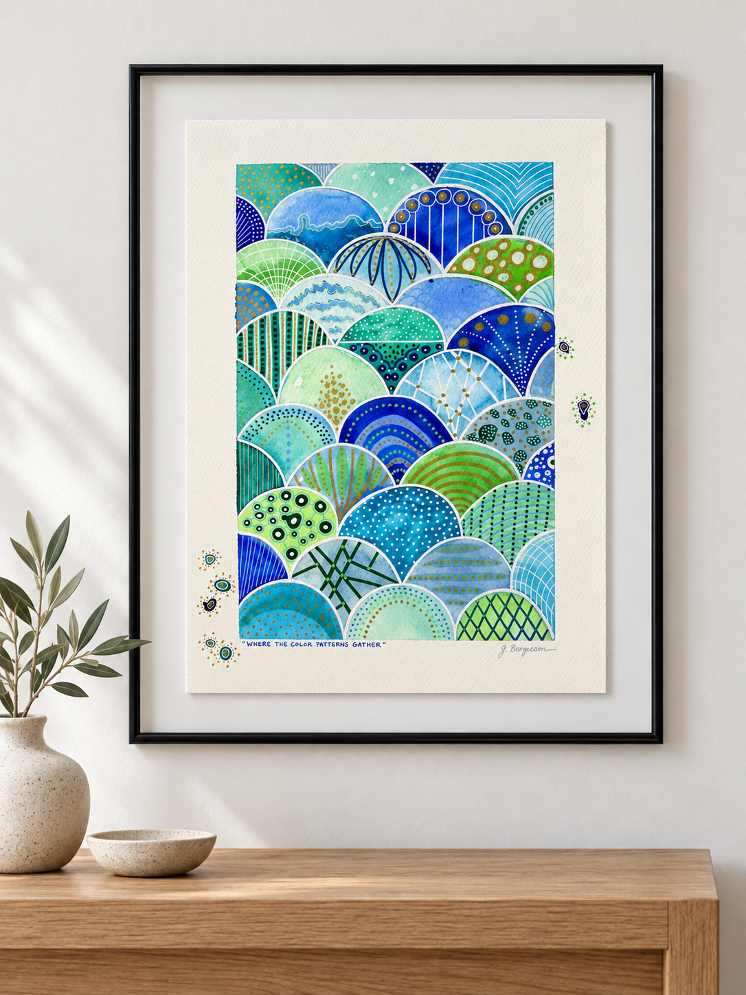 Where the Color Patterns Gather – Blue & Green Framed Watercolor Painting