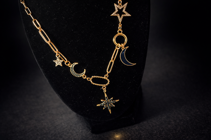 Midnight Celestial Mixed Chain Necklace – Stars, Moons & Enamel Charm Statement