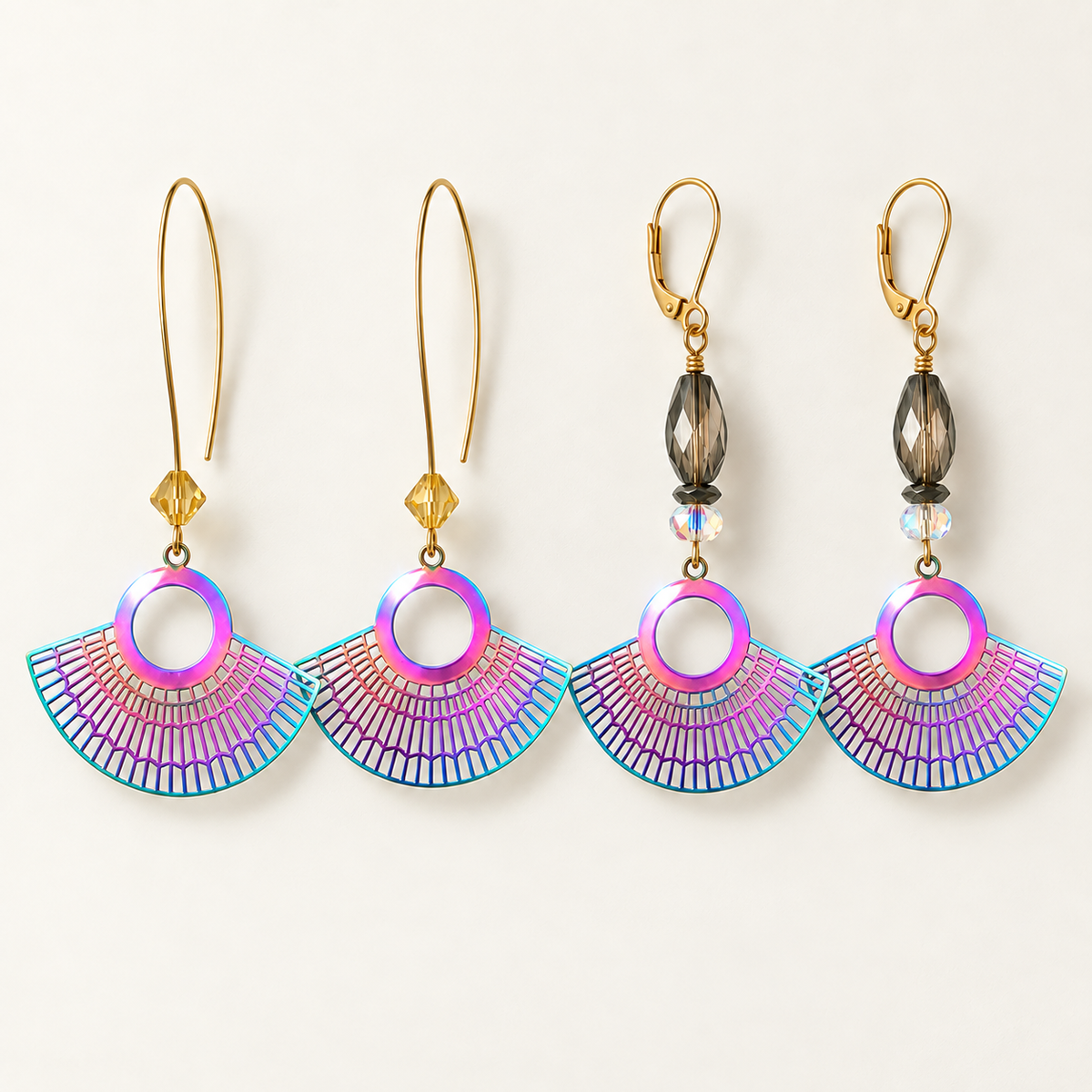 Iridescent Fan Dangle Earrings with Crystal Beads