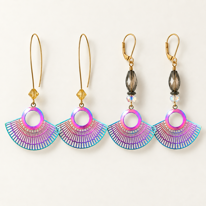 Iridescent Fan Dangle Earrings with Crystal Beads