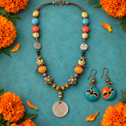 Halloween Skull & Pumpkin Necklace Set with Bat Earrings, 22 Inch