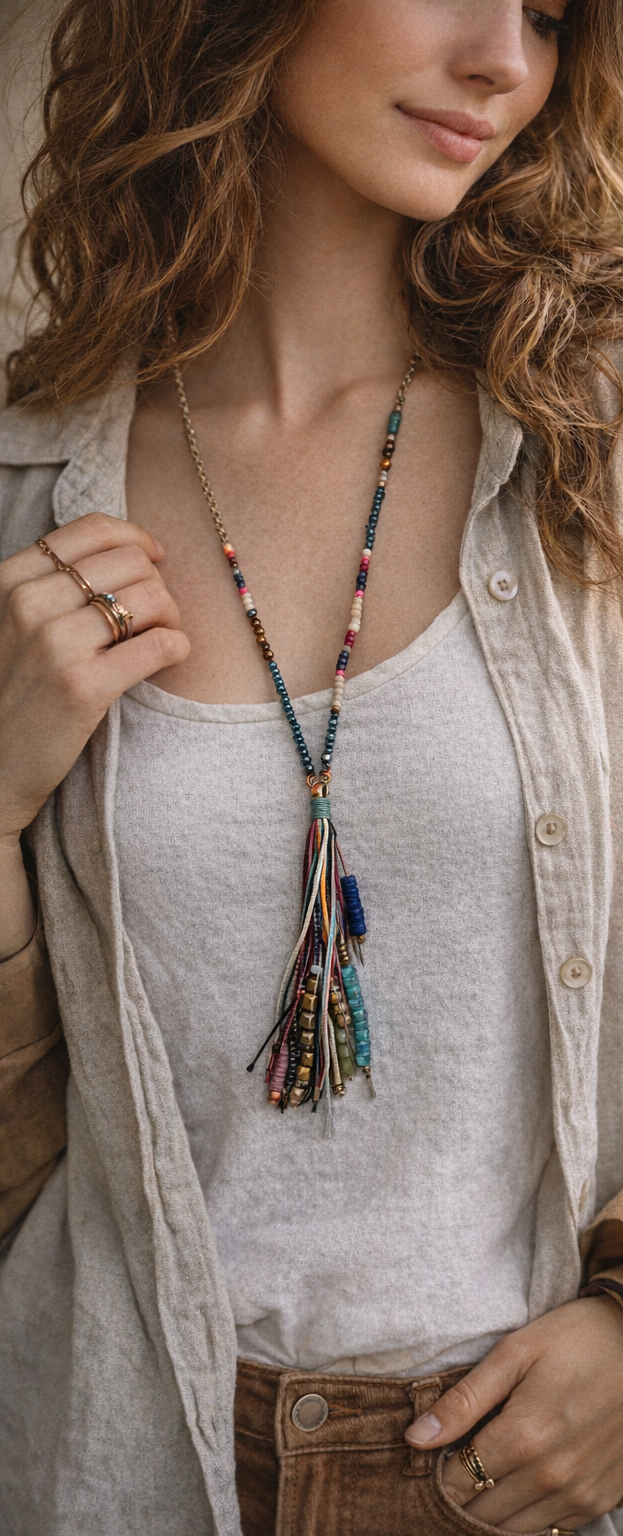 Boho Tassel Story Necklace – Colorful Mixed Bead Fringe Statement (30”)