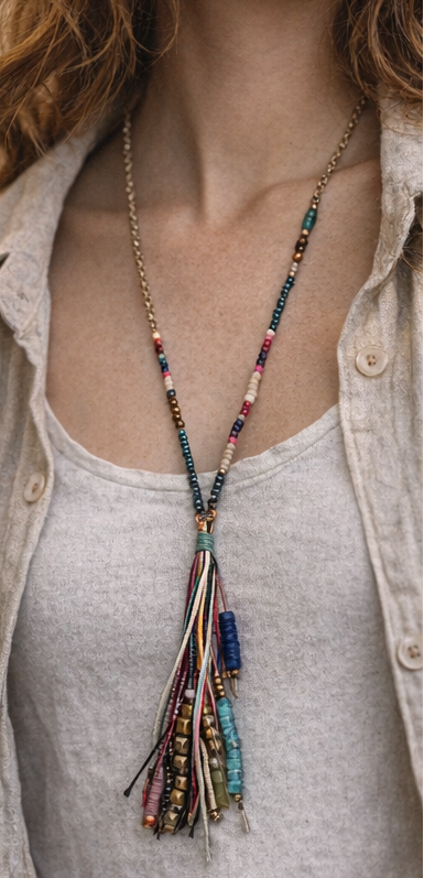 Boho Tassel Story Necklace – Colorful Mixed Bead Fringe Statement (30”)