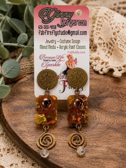 Mixed Metal Resin Dangle Earrings with Multicolor Beads and Spiral Charms