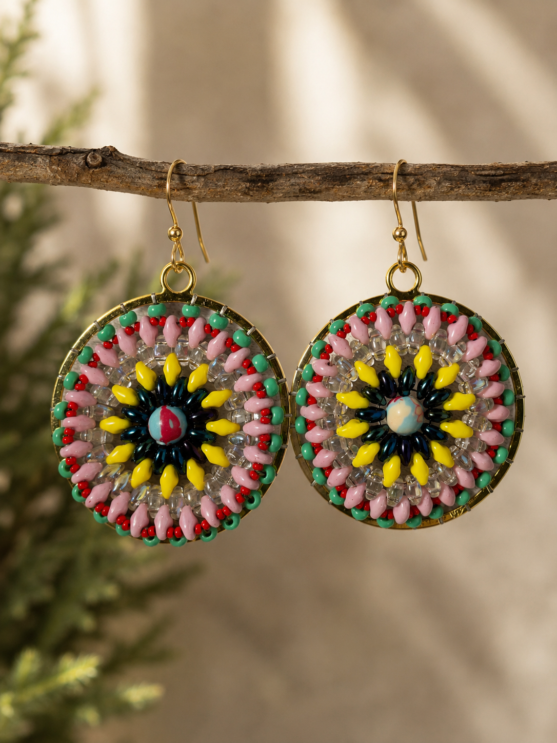 Handmade Beaded Hoop Earrings | Pink Yellow Green SuperDuo & Seed Bead Earrings | Gold Hoop Dangle Earrings