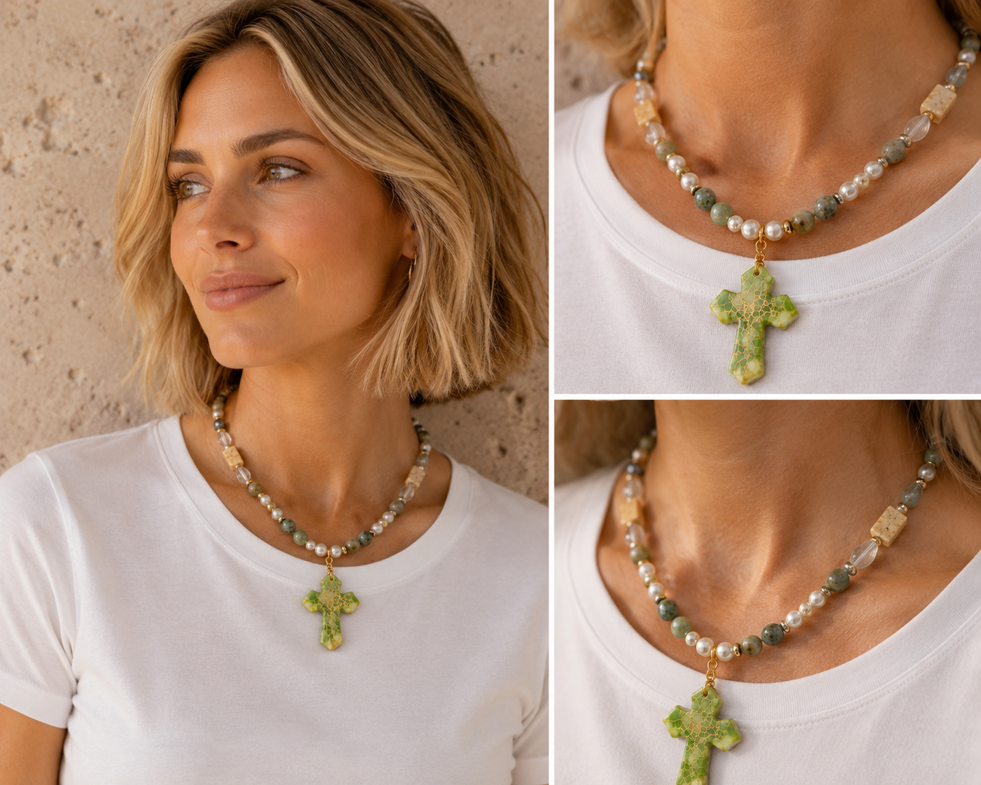 Handmade Green Jasper Cross Necklace | Czech Glass Pearls | Quartz | 18 Inch Artisan Necklace