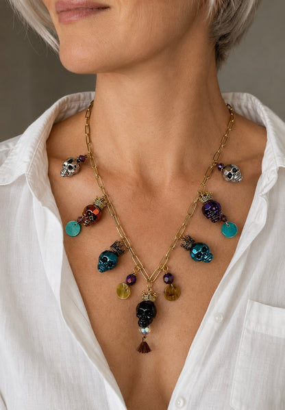 Swarovski Crystal Skull Necklace with Crowns