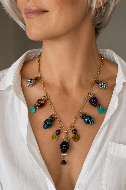 Swarovski Crystal Skull Necklace with Crowns