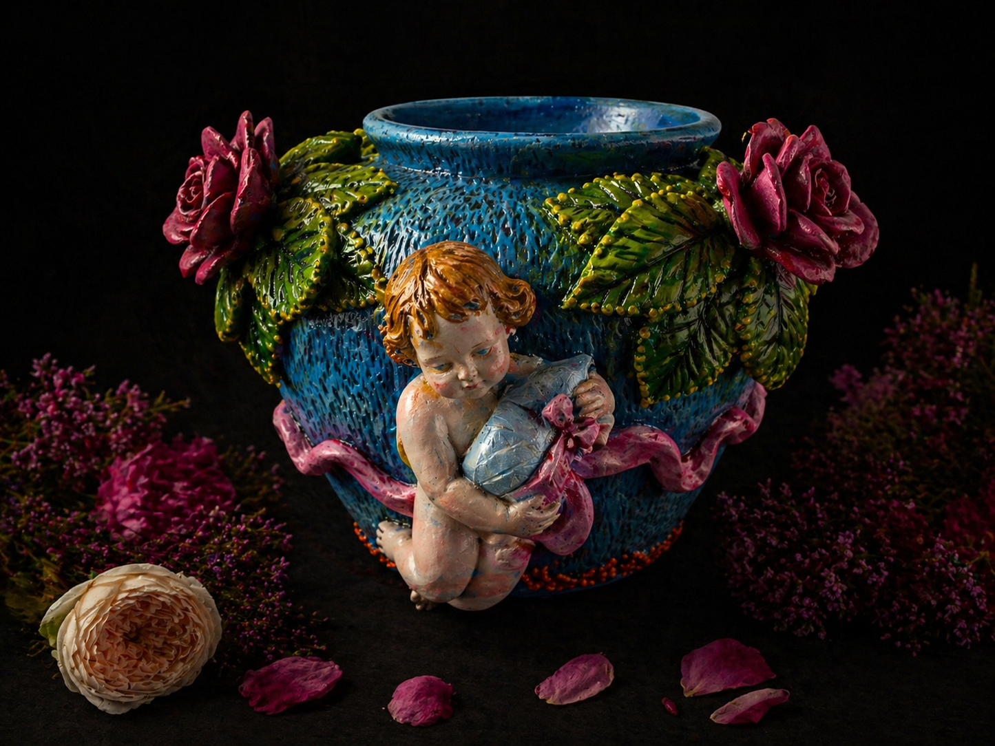Three Little Cupids Rose Garden Vase – Acrylic Hand Painted Ceramic, Crystal Roses, 11” Decorative Vase