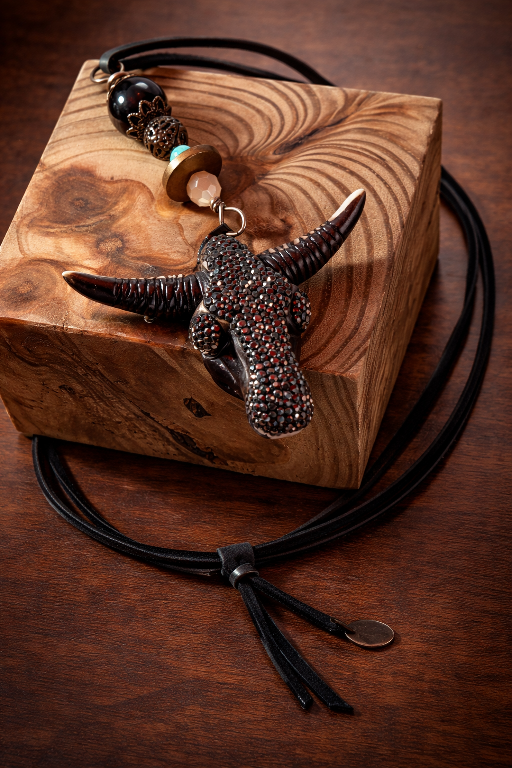Desert Rebel — Rhinestone Steer Skull Leather Necklace