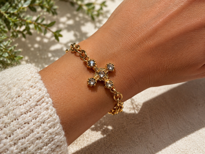 Gold Plated Cross Bracelet with Rhinestones 7.5 Inch Chain Bracelet Lobster Clasp Christian Jewelry