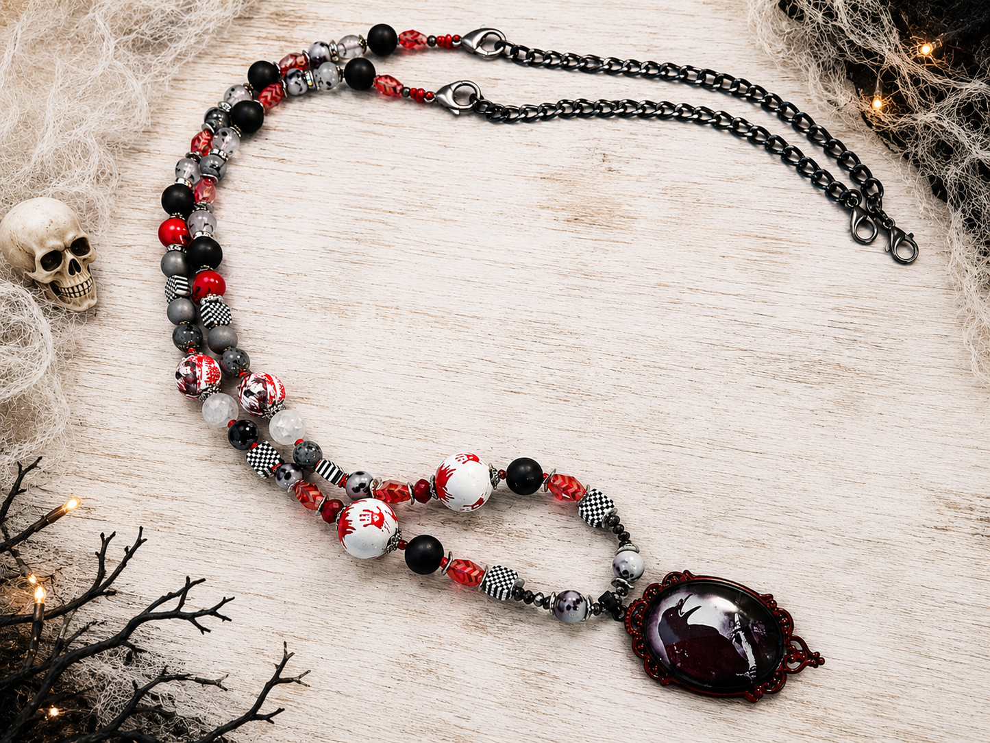 42” Adjustable Raven Halloween Necklace with Skull Beads, Jasper, Crystals & Removable 12” Extension
