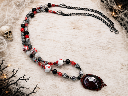 42” Adjustable Raven Halloween Necklace with Skull Beads, Jasper, Crystals & Removable 12” Extension