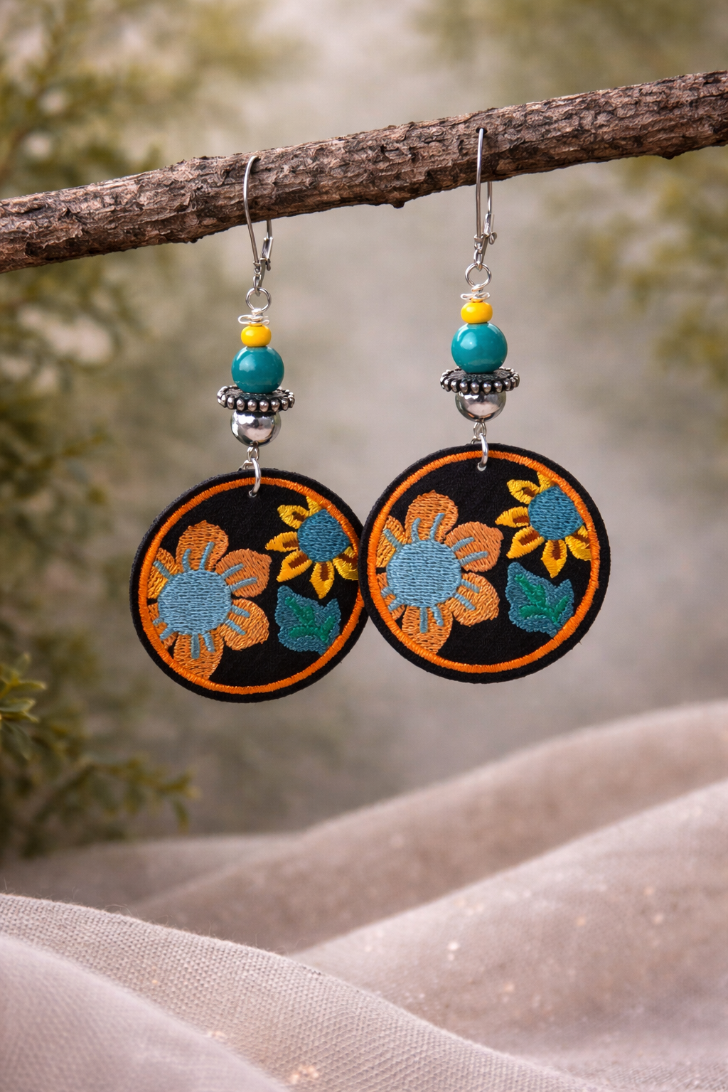Boho Bloom Fabric Disc Earrings – Embroidered Floral Statement Drops
