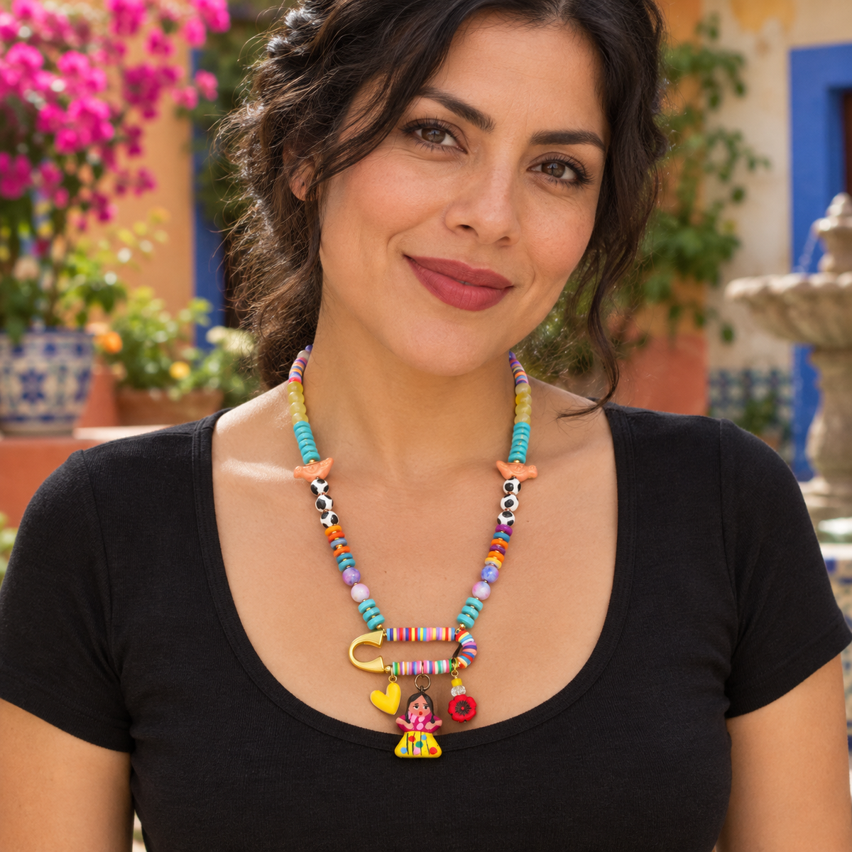 Frida Charm Necklace with Jasper, Heishi Beads & Birds