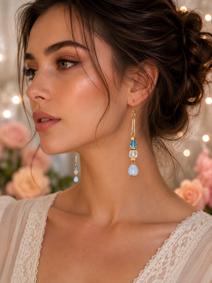 Gold Paperclip Chain Earrings with Swarovski Crystals, Vintage Crystals and Soft Blue Faceted Beads