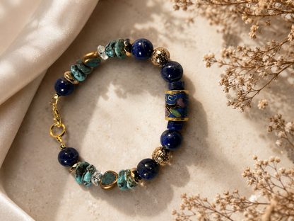Handmade Turquoise and Lapis Bracelet | Cloisonné Barrel Bead | Crystal Quartz | 8 Inch Artisan Jewelry