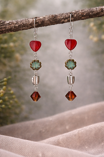 Romantic Heart & Czech Flower Dangle Earrings – Crystal Accent Drops