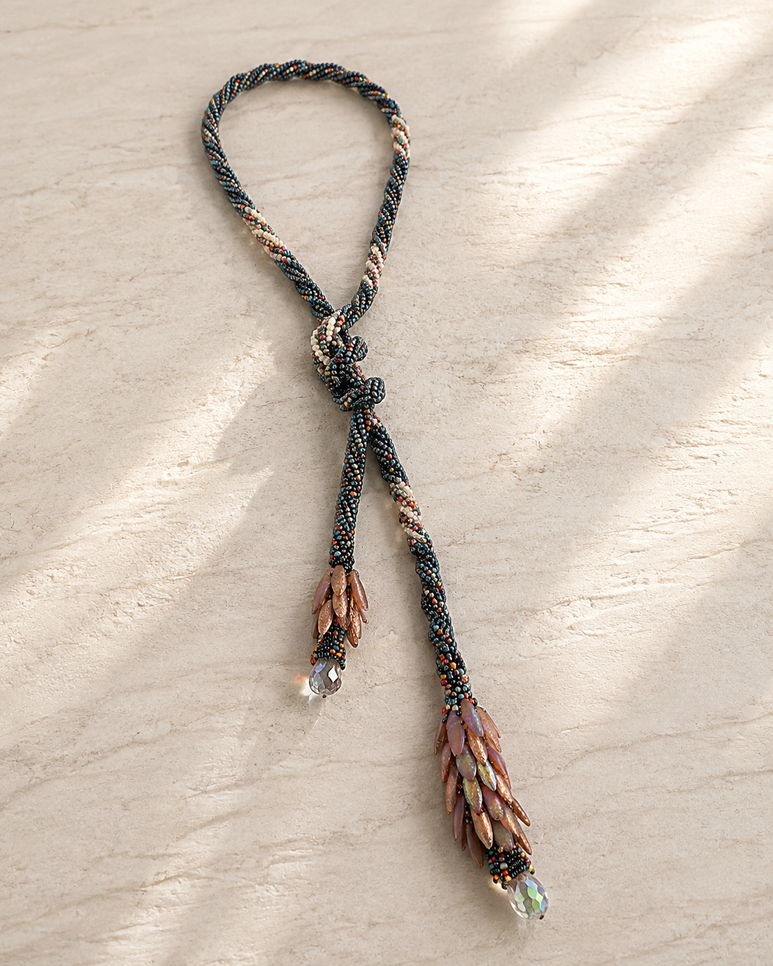 Handmade Beaded Lariat Necklace – 36” Spiral Rope with Dagger Beads & Vintage Crystals